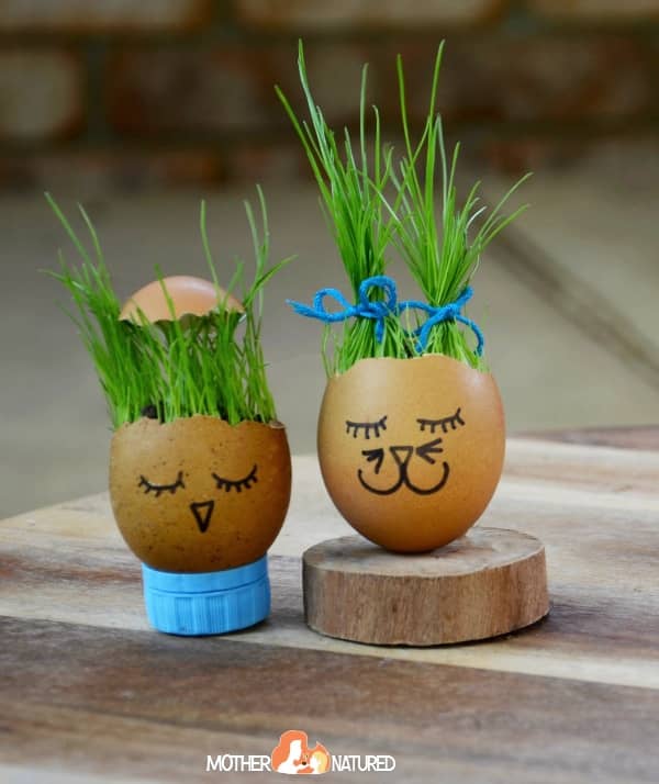Two egg shells have faces drawn on them and grass growing out of top of them. 