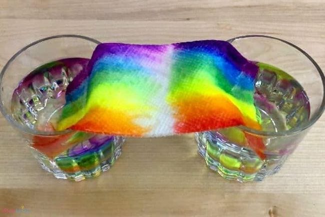 Paper towel strip draped between two glasses of water, with colorful marker rainbow ink moving from each side to meet in the middle (Preschool Science)