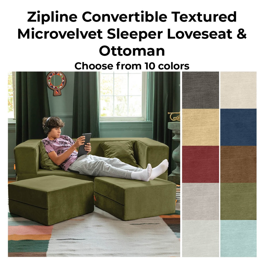 Zipline Convertible Textured Microvelvet Sleeper Loveseat & Ottoman