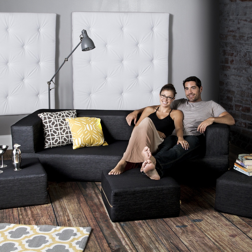 Black Zipline Denim Convertible Sleeper Sofa & Three Ottomans_image957