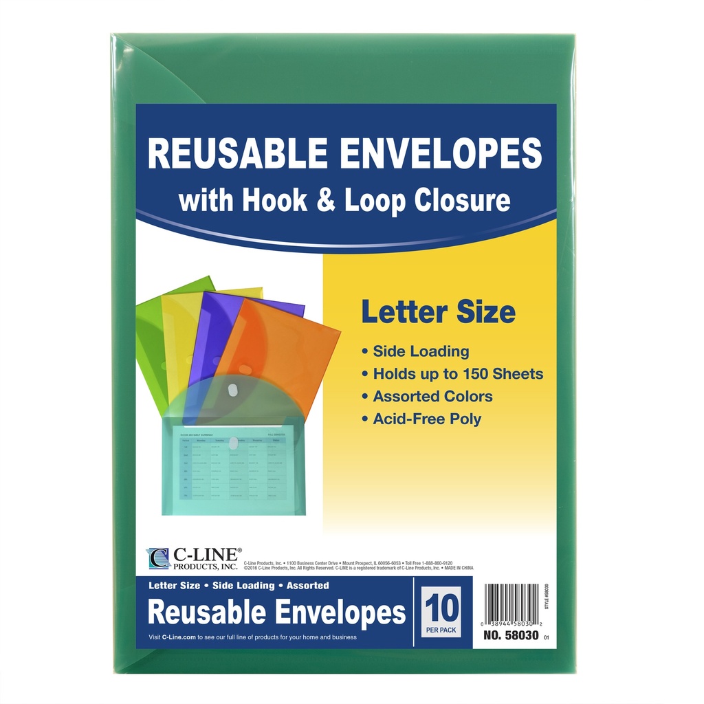 XL Reusable Envelopes, Hook and Loop Closure, 8 1/2 x 11, Assorted Colors, 10 Per Pack, 2 Packs