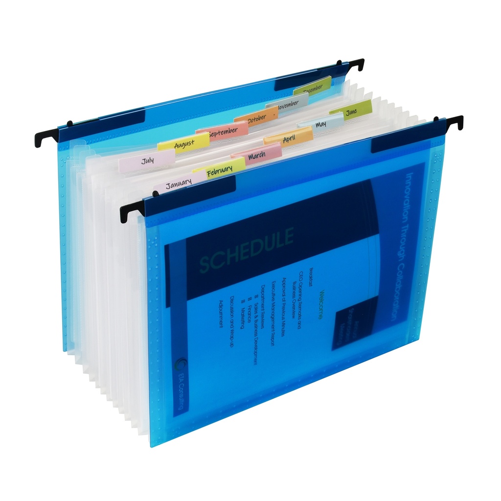Expanding File Folder, 13-Pocket, Hanging Tabs, Bright Blue, Pack of 3