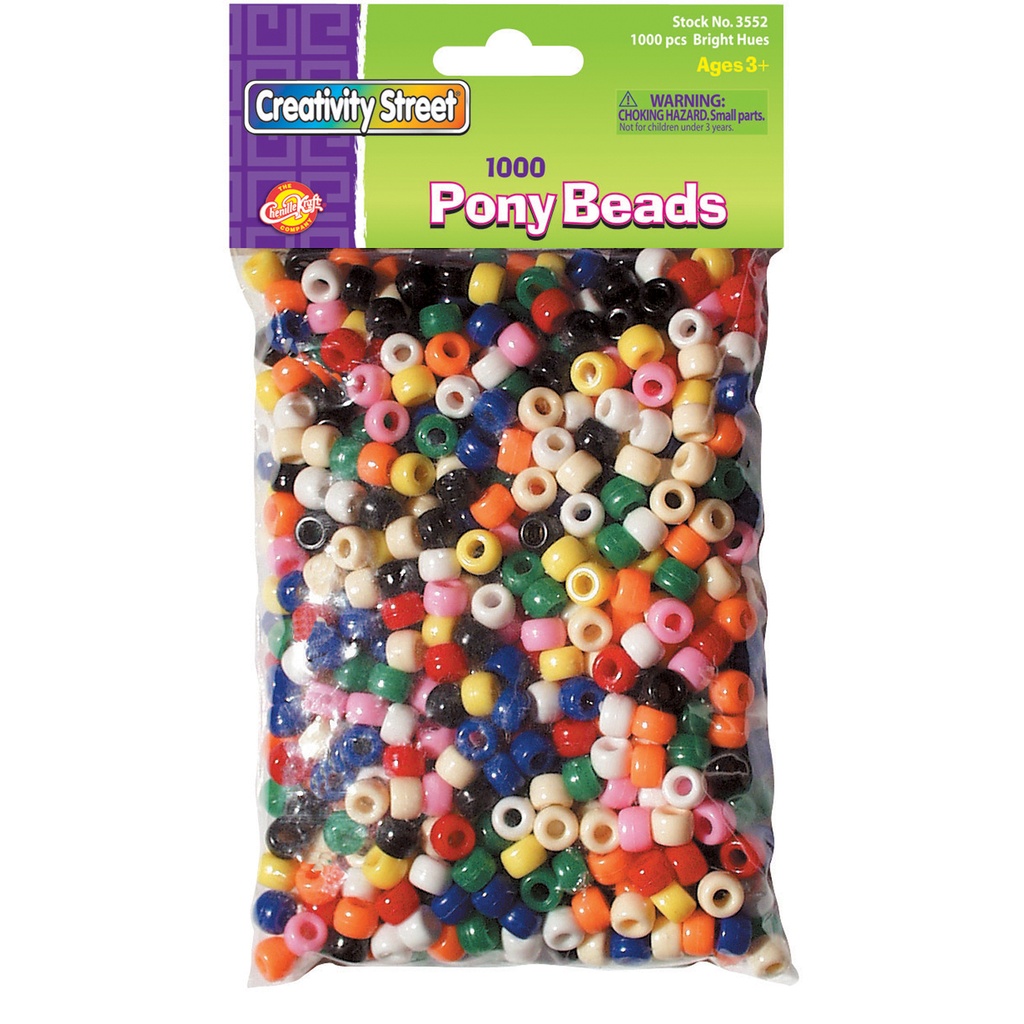 Pony Beads, Assorted Bright Hues, 6 mm x 9 mm, 1000 Per Pack, 3 Packs