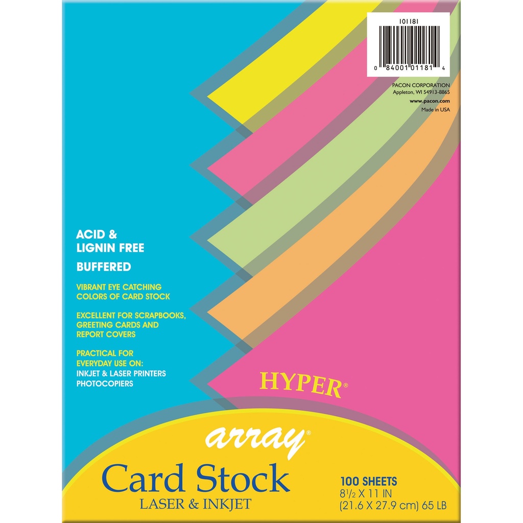 100ct 8.5x11 Hyper 5 Colors Card Stock