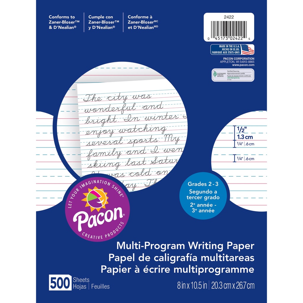 Multi-Program Handwriting Paper, 1/2" Ruled (Short Way), White, 10-1/2" x 8", 500 SheetsPer Pack, 2 Packs