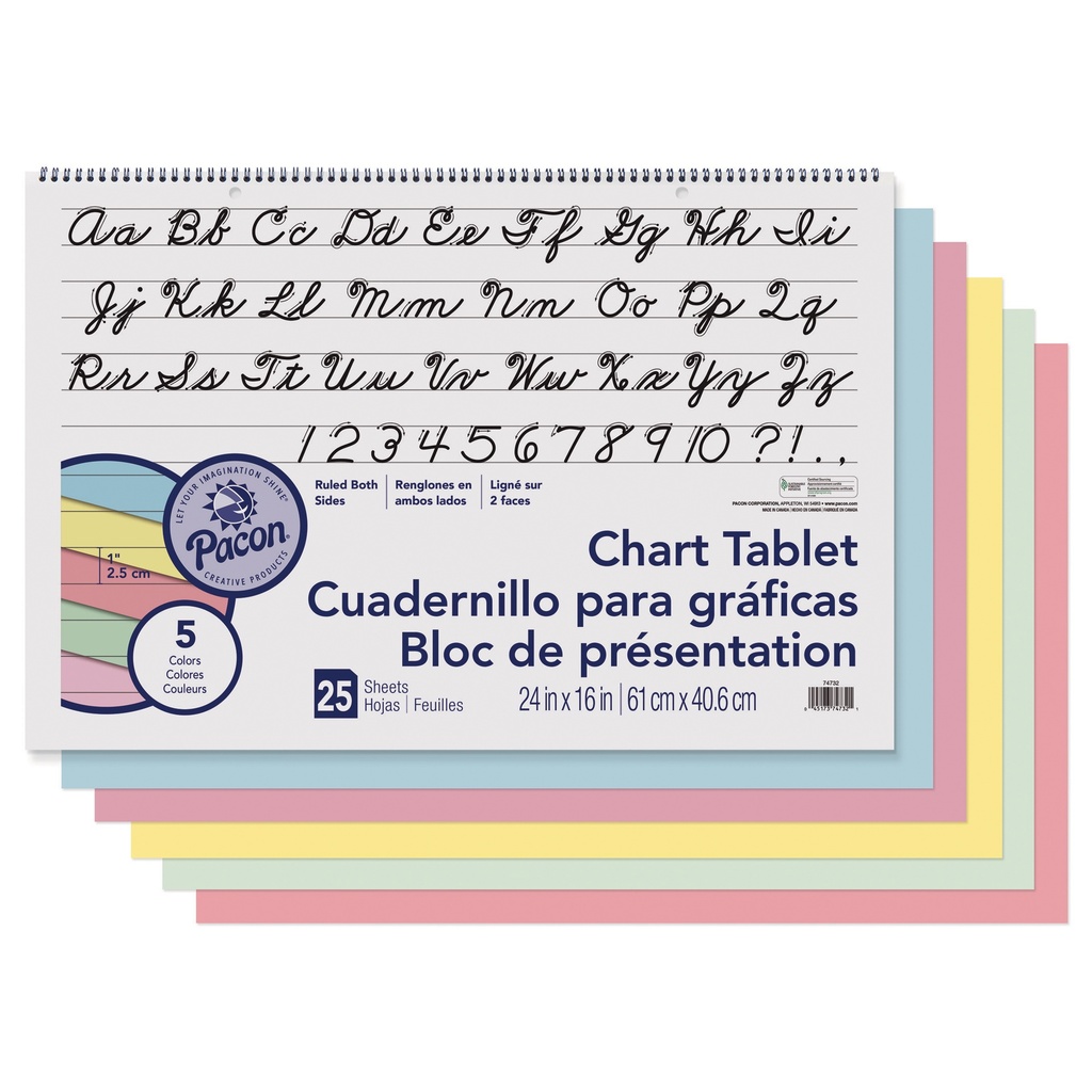 Colored Paper Chart Tablet, Cursive Cover, 5 Assorted Colors, 1" Ruled, 24" x 16", 25 Sheets, Pack of 2