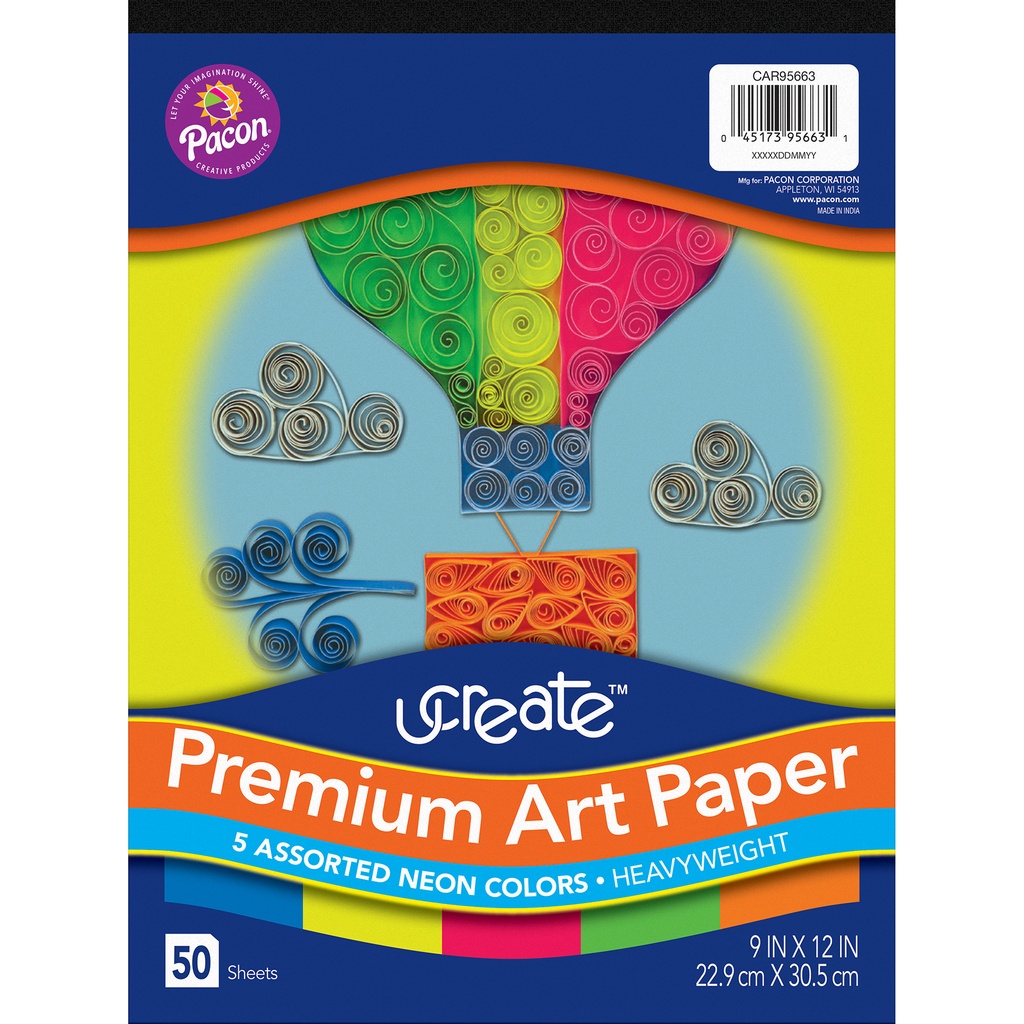 Premium Neon Art Paper Pad, 5 Assorted Colors, 9" x 12", 50 Sheets, Pack of 3
