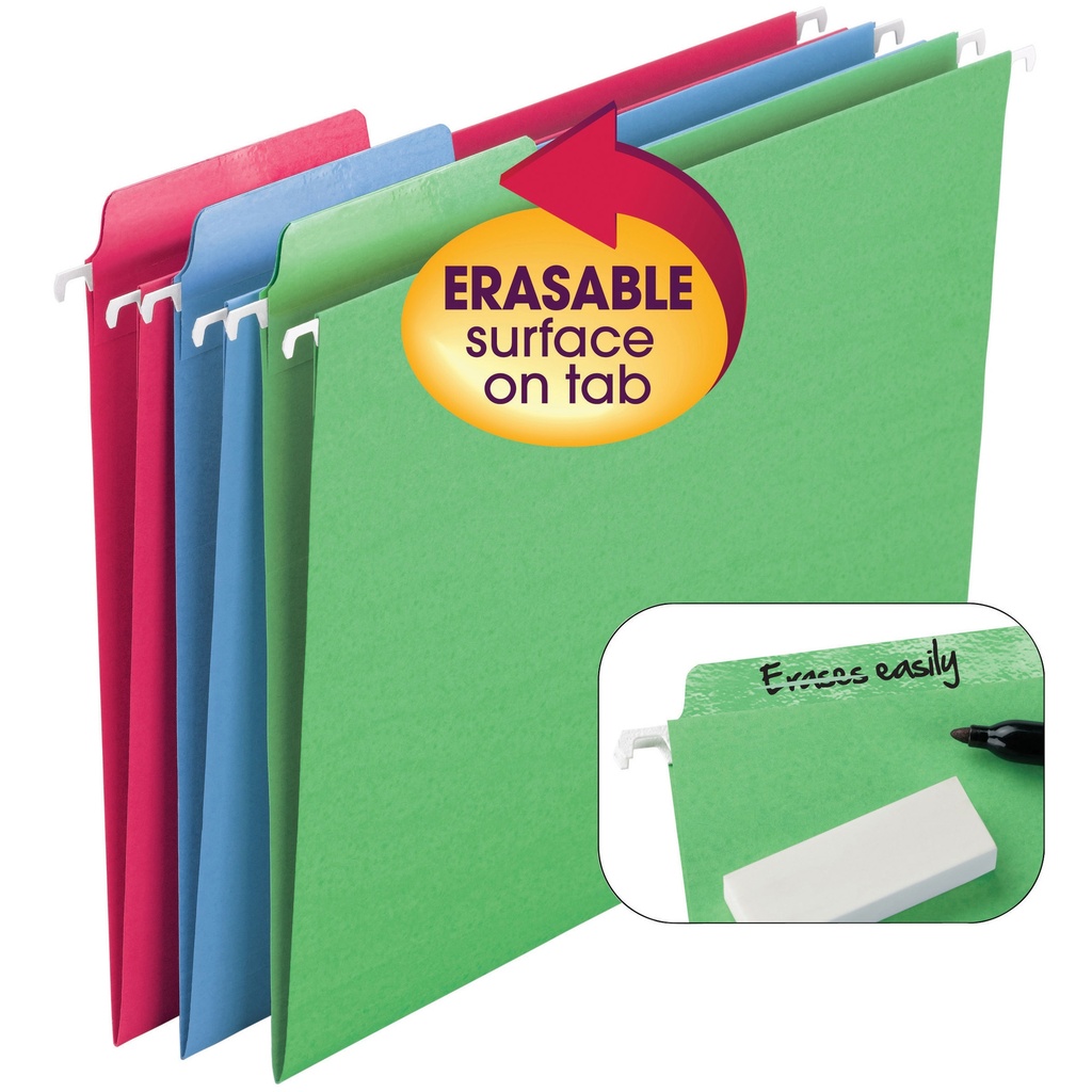 Erasable FasTab® Hanging File Folder, 1/3-Cut Built-In Tab, Letter Size, Assorted Colors, Box of 18