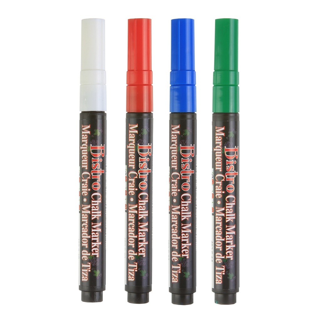 Bistro Fine Tip Chalk Markers 4-Color Set: Red, Green, Blue, White 