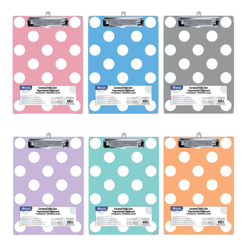 Carnival Polka Dot Standard Size Paperboard Clipboards with Low Profile Clips