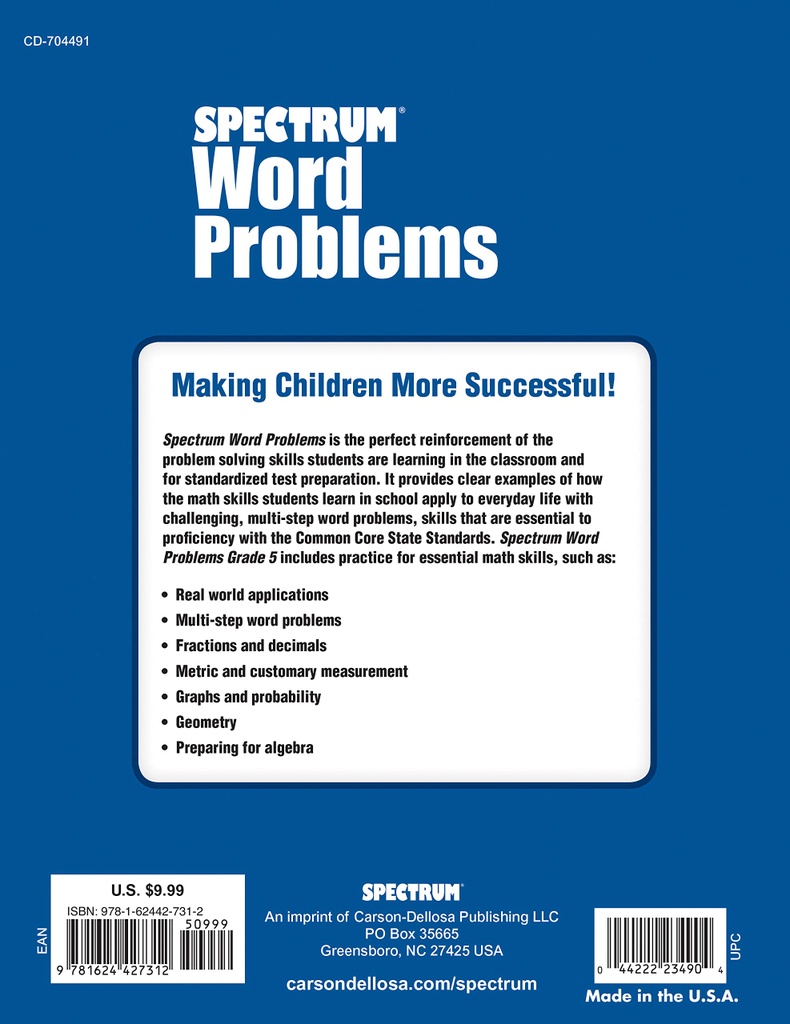 Spectrum Word Problems Workbook Grade 5 Paperback