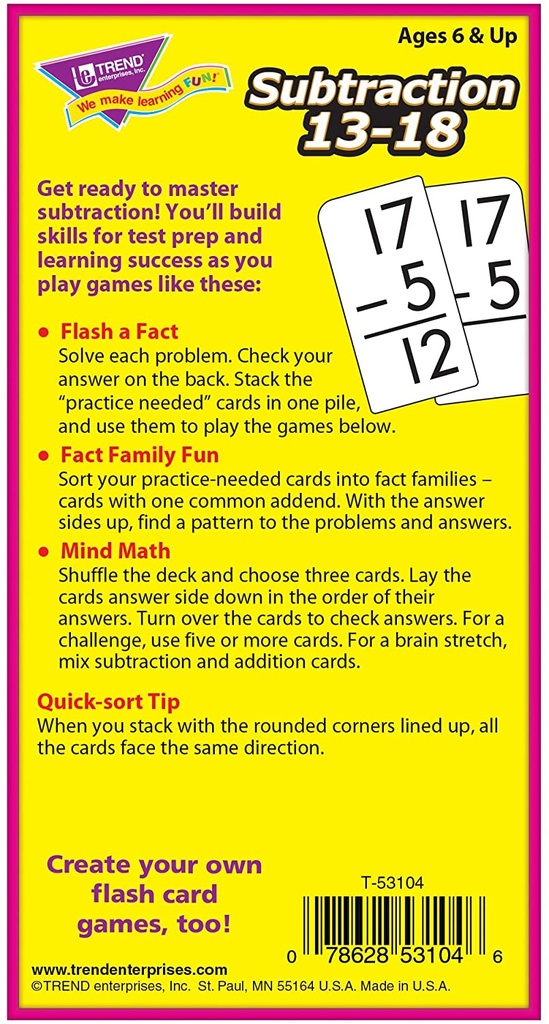 Subtraction 13-18 Skill Drill Flash Cards