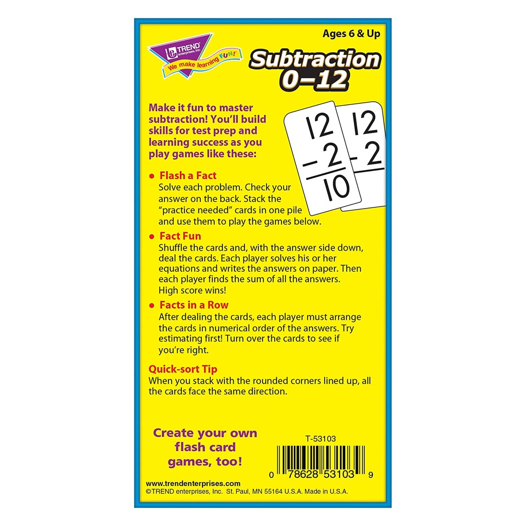 Subtraction 0-12 Skill Drill Flash Cards