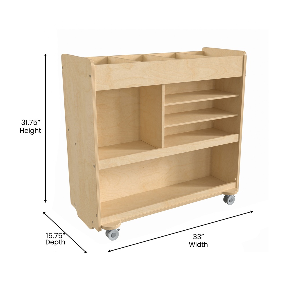 Wooden 4 Compartment/5 Cubby Mobile Storage Cart with Locking Caster Wheels