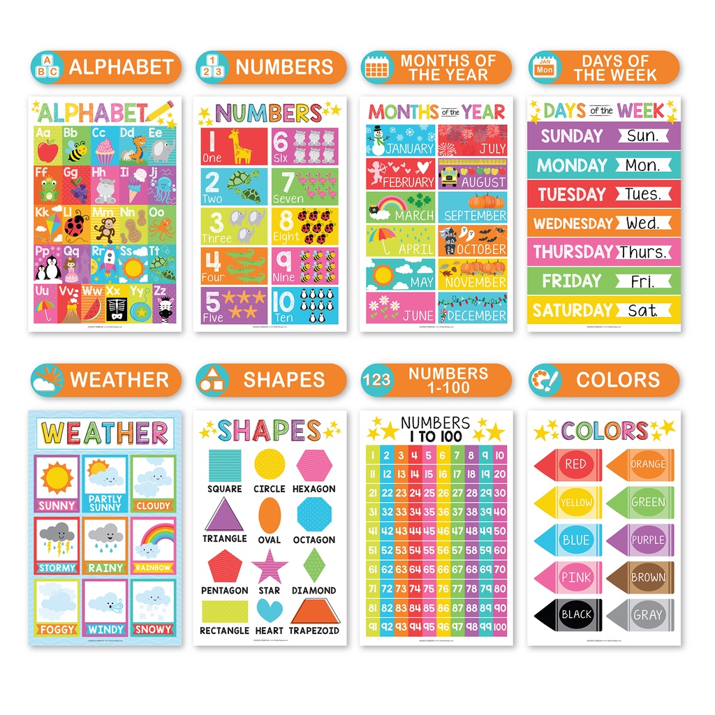 Colorful Preschool Educational Laminated Posters For Toddlers, Set of 16