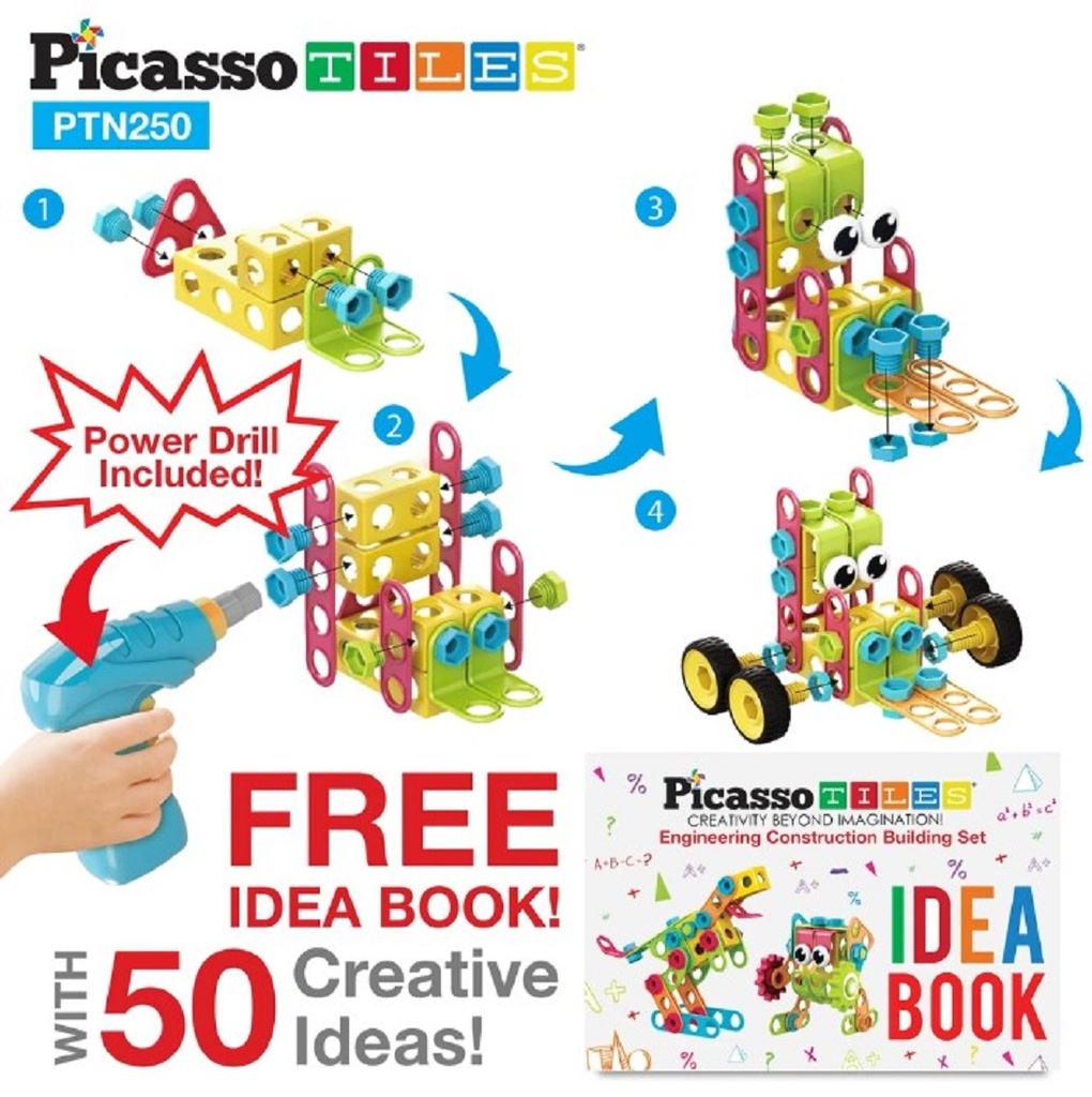 PicassoTiles 250ct Engineering Construction Building Set