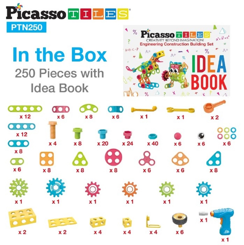 PicassoTiles 250ct Engineering Construction Building Set