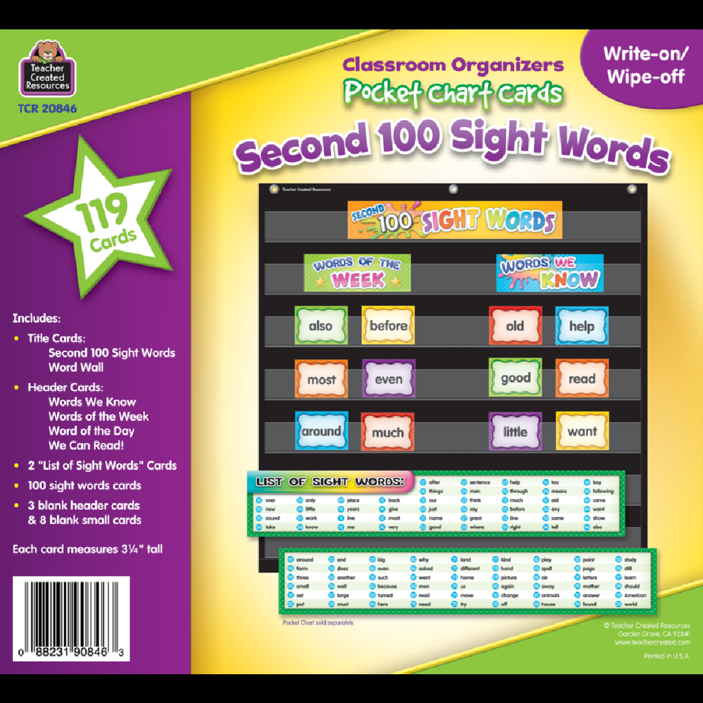 Second 100 Sight Words Pocket Chart Cards