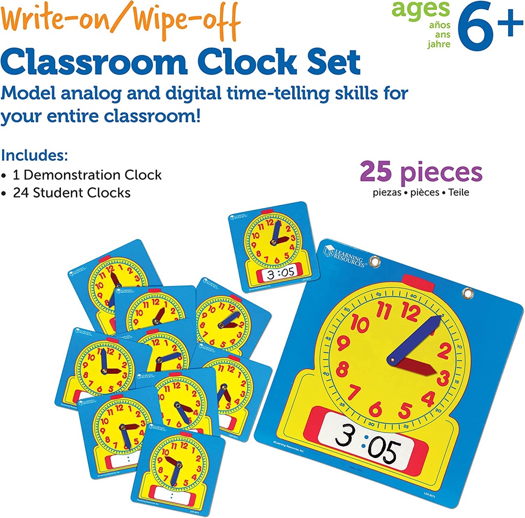 Write & Wipe Clocks Classroom Set, 1 Demonstration Clock, 24 Student Clocks