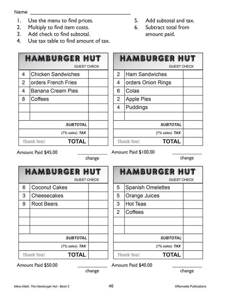 Menu Math: The Hamburger Hut Book, Multiplication & Division