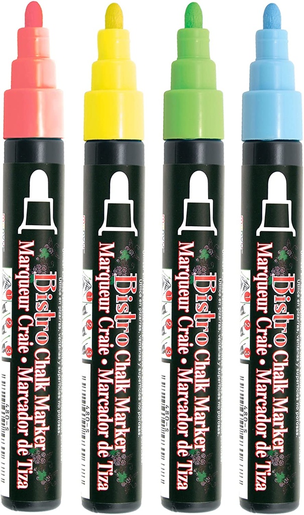Broad Point Chalk Marker Set, Fluorescent Red, Blue, Yellow and Green