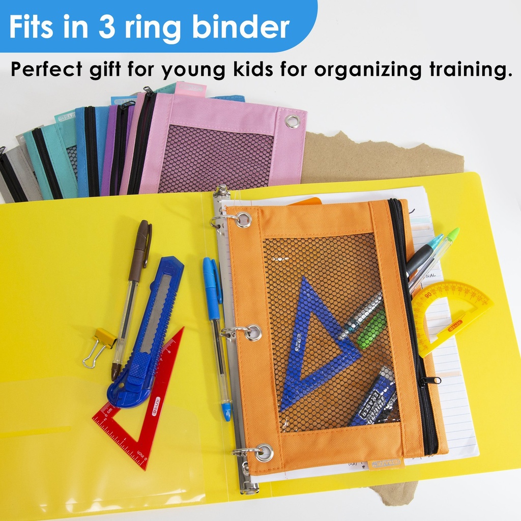 Retro Pastel Colors 3-Ring Pencil Pouch with Mesh Window Pack of 12