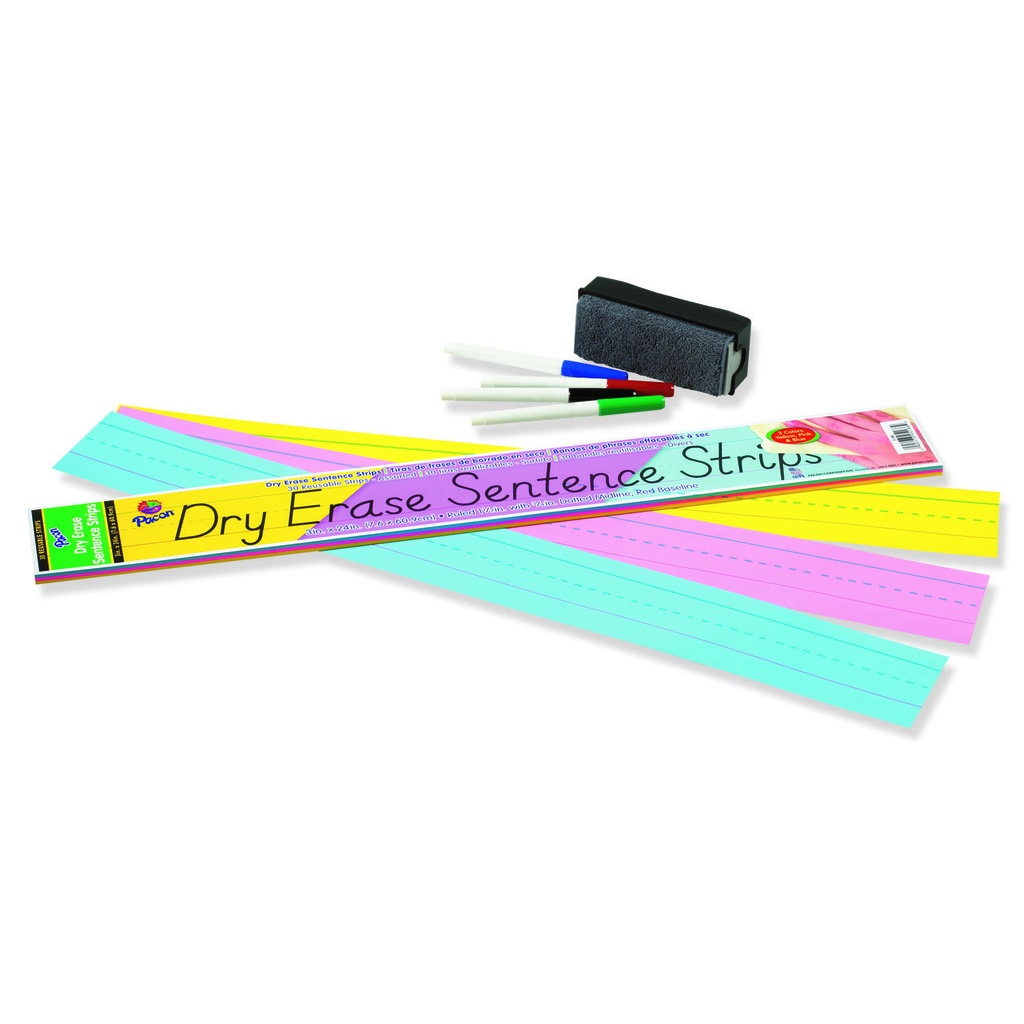 Dry Erase Sentence Strips, 3 Assorted Colors, 1-1/2" X 3/4" Ruled, 3" x 24", 30 Strips