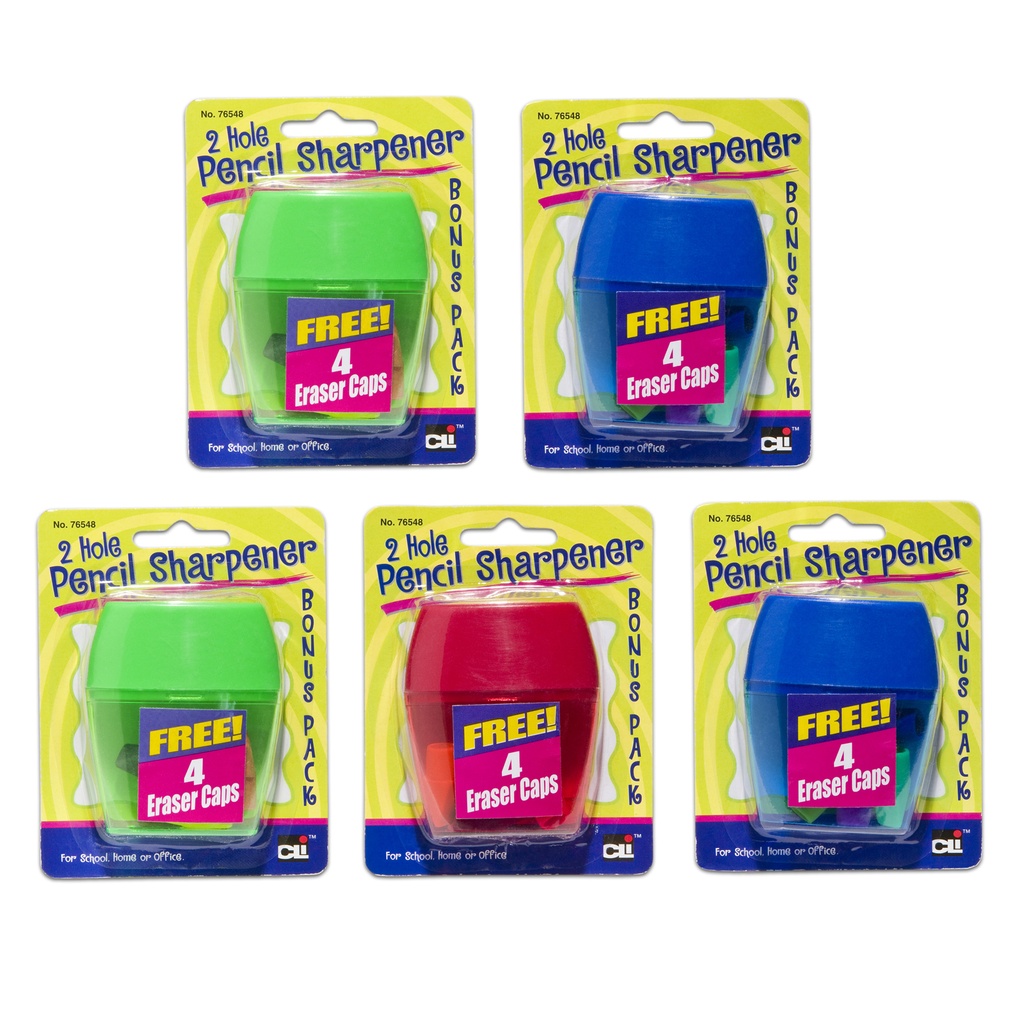 Assorted Two-Hole Pencil Sharpener with Catcher & Bonus Erasers Set of 12_1