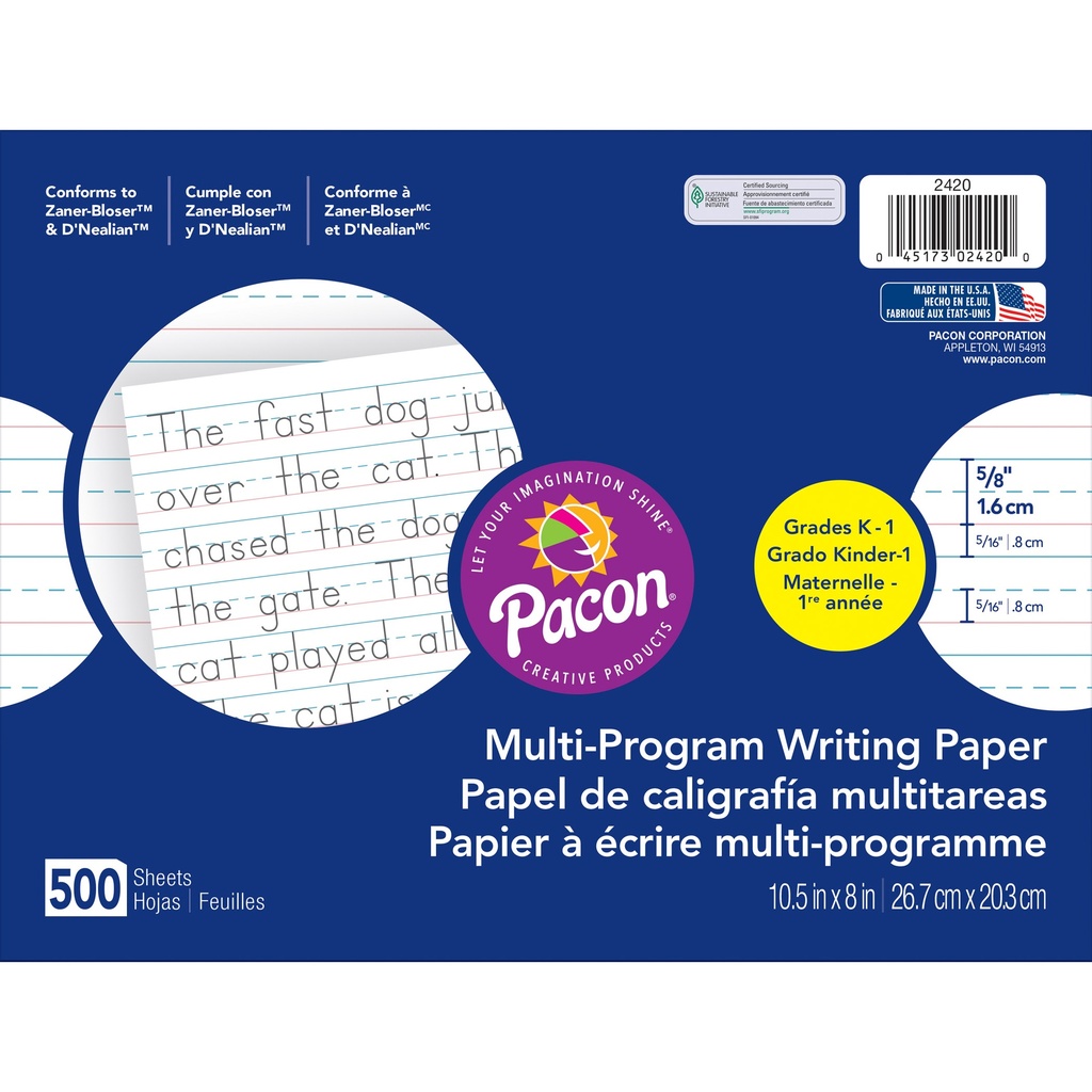 Multi‑Program Handwriting Paper, Grade K or 1, 10‑1/2" × 8", Ream