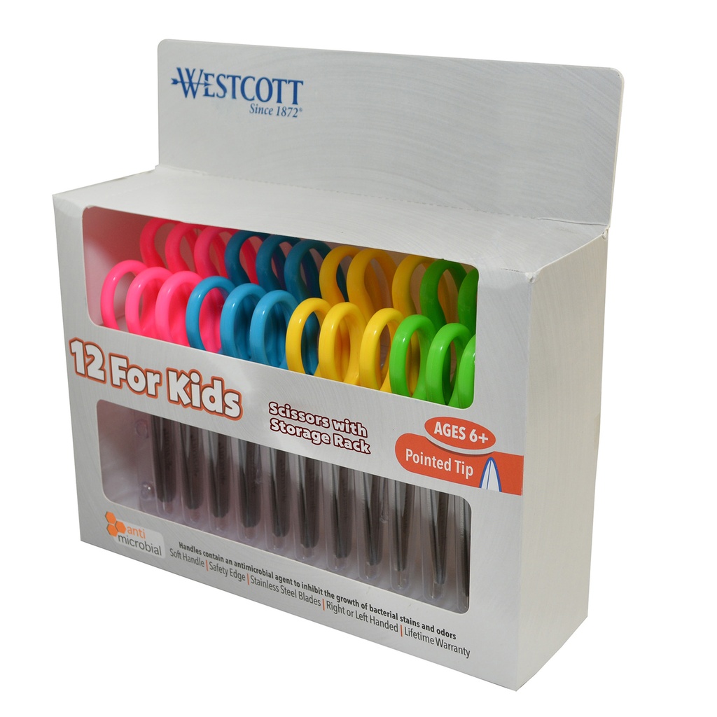 Kids Pointed 5" Scissors with Storage Rack, Anti-Microbial Protection, Assorted Colors, Set of 12 | 14872 ACM