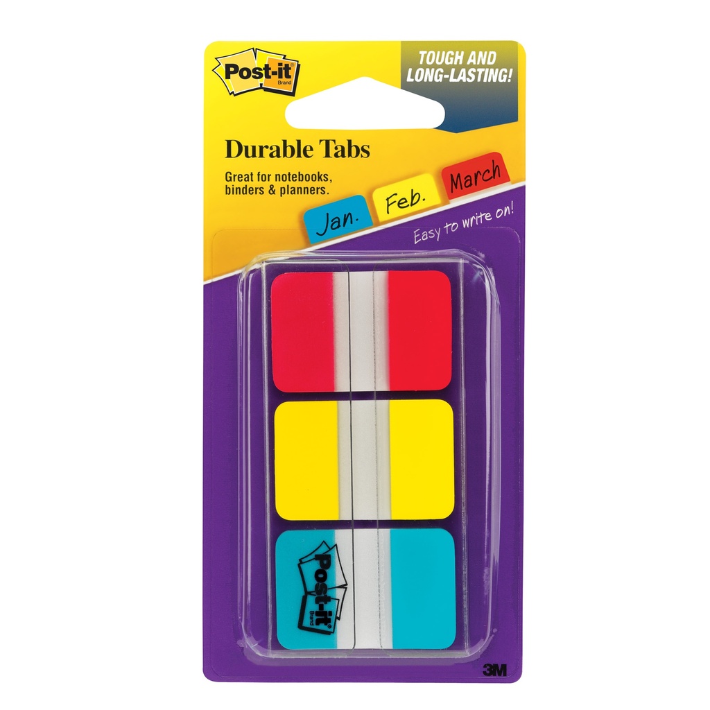 Post‑it® Durable Tabs 1" — red/yellow/blue, writable & repositionable (36 tabs)
