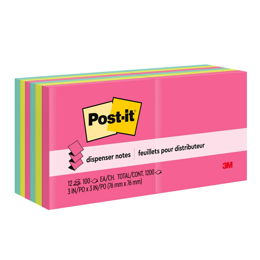 Post‑it® Dispenser Pop‑up Notes, Assorted Neon (Poptimistic), 3" × 3", 12 Pads (R33012AN) — Original adhesive accordion refills for Pop‑up dispensers