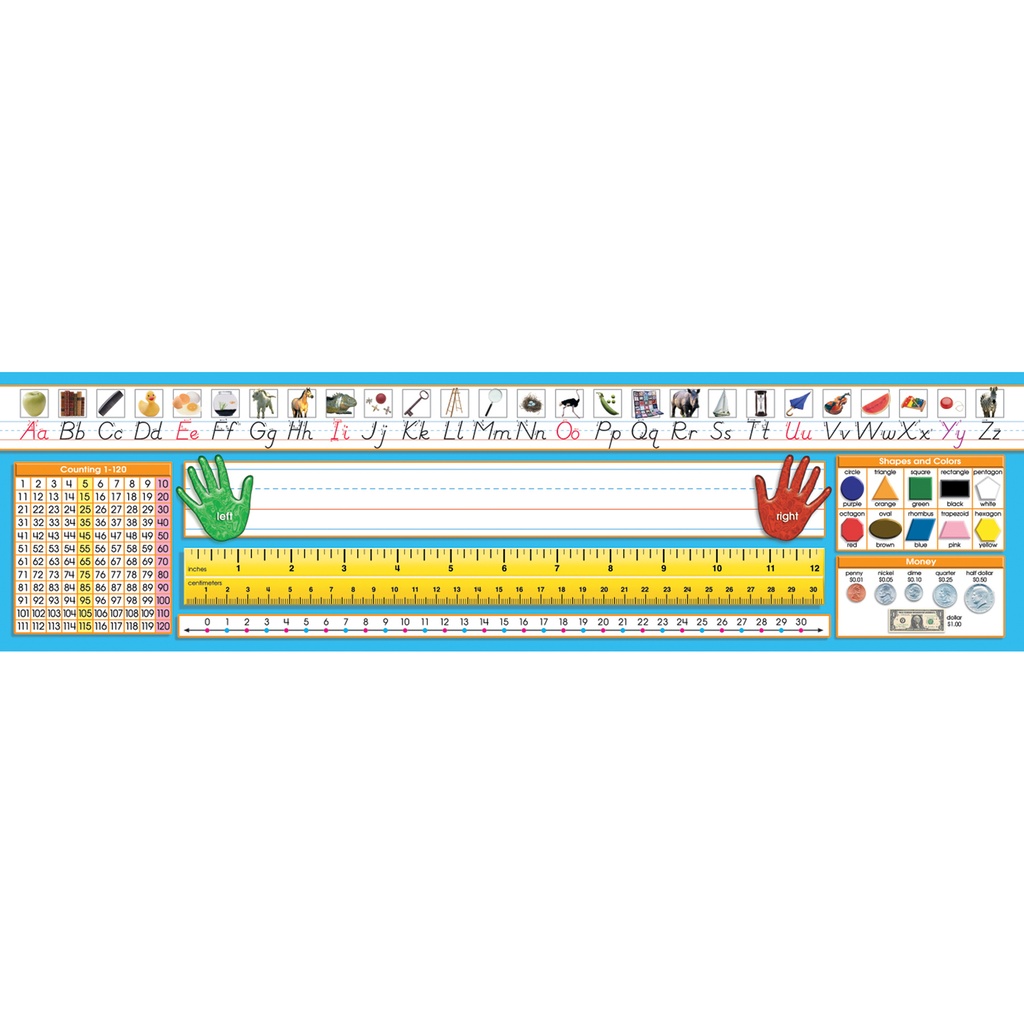 North Star Teacher Resources® Primary Modern Manuscript Counting 1–120 Desk Plates — 36/Pack, 19" × 5" — Primary desk name plates with alphabet line and 1–120 hundred twenty chart