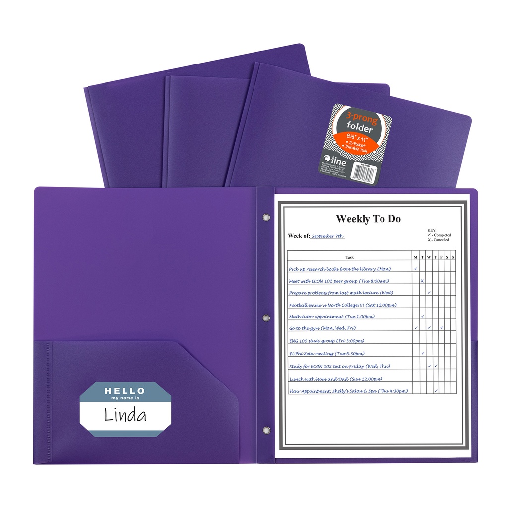 Purple 2 Pocket Poly Folder with Prongs (33969 CL)