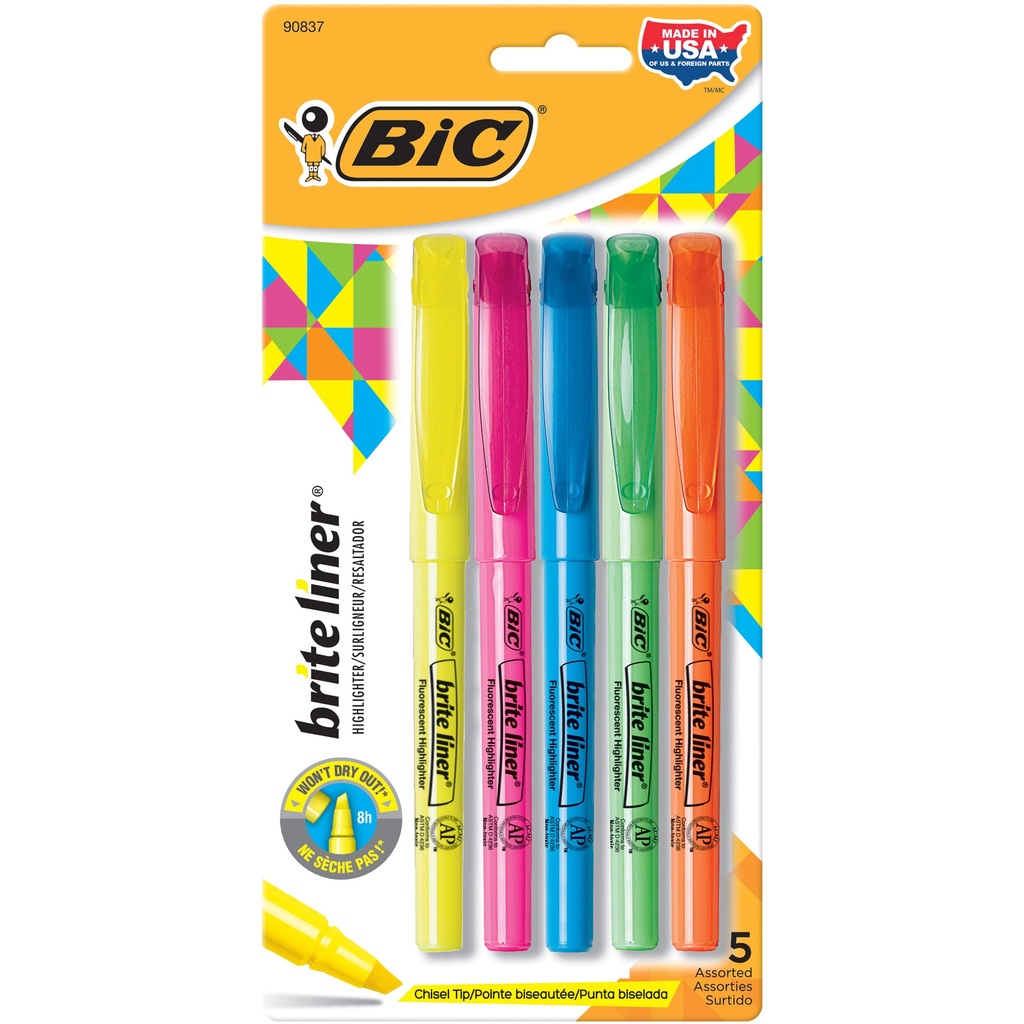 BIC® Brite Liner® Highlighters — Chisel Tip, Assorted 5/Pack