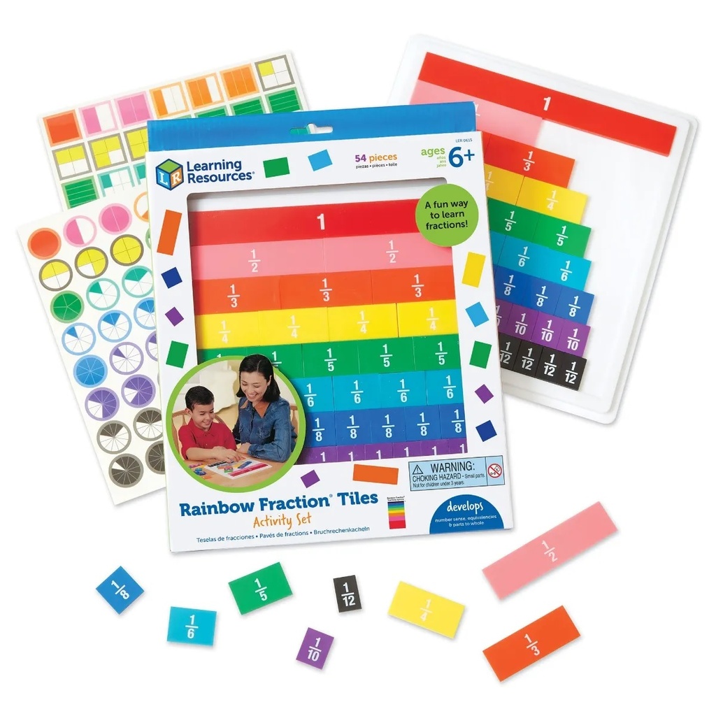 Learning Resources® Rainbow Fraction® Plastic Tiles with Tray,Tile sizes vary; tray approx. 9" x 10", 51-piece set with tray 