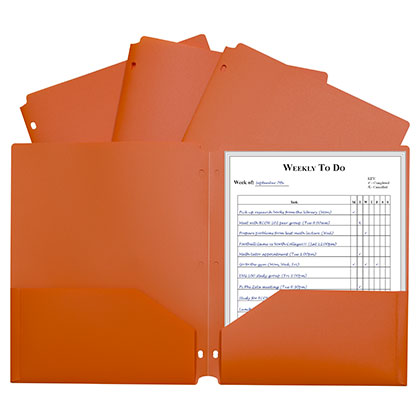 Orange Poly Two Pocket Portfolio Folder 3 Hole Punch