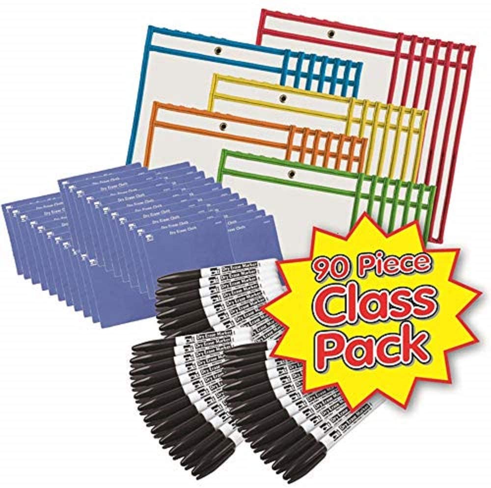 Charles Leonard® Dry Erase Pocket Class Pack, 30 Sets, Holds 9" x 12" inserts, 30 pockets + 30 markers + 30 cloths