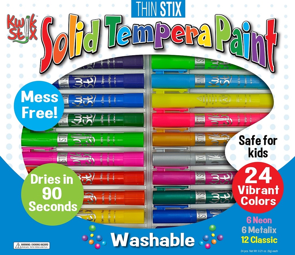 Thin Stix® by The Pencil Grip — 24‑Color Solid Tempera Set (Classic, Neon, Metallic)