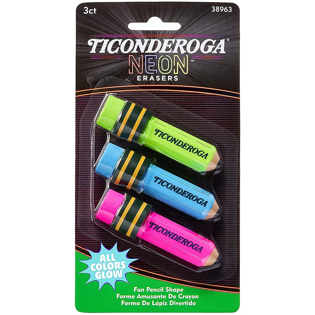Ticonderoga® Pencil Shaped Erasers, Neon Colors, 3 Count