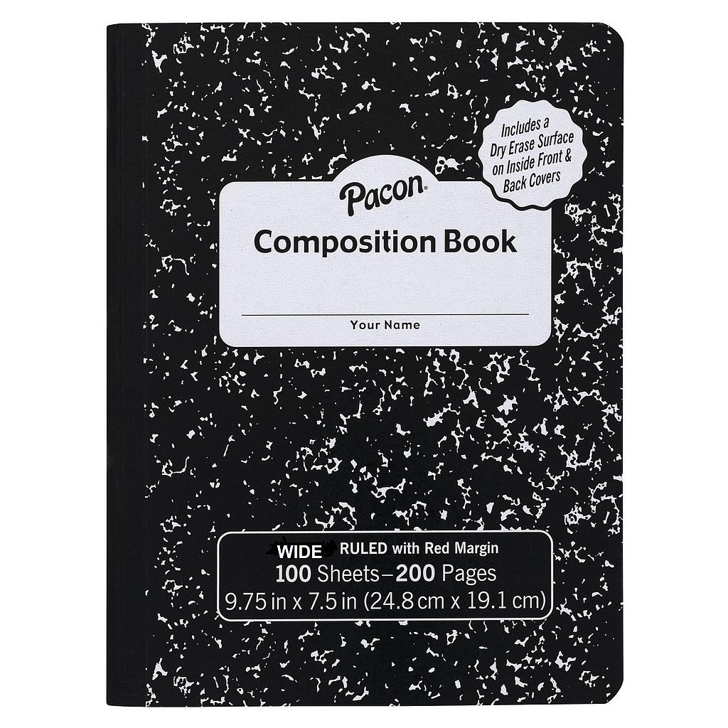 Pacon® Composition Book with Dry‑Erase Surfaces — Wide Rule, 9.75" × 7.5", 100 sheets