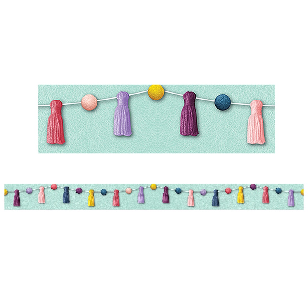Teacher Created Resources® Oh Happy Day Pom-Poms and Tassels Straight Border Trim — 35 Feet — Straight border trim with pom-pom and tassel artwork for bulletin boards and displays