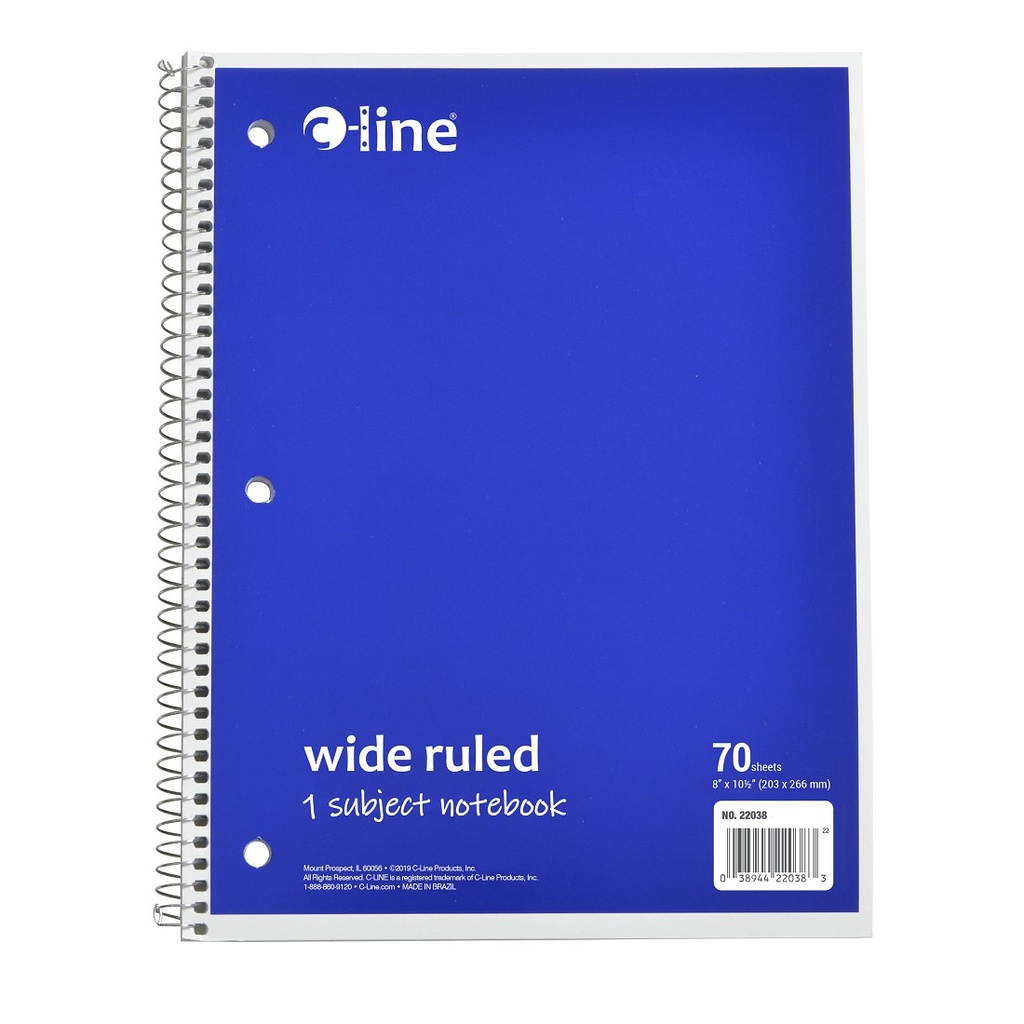 1‑Subject Notebook, Wide Ruled, Blue, 70 Sheets