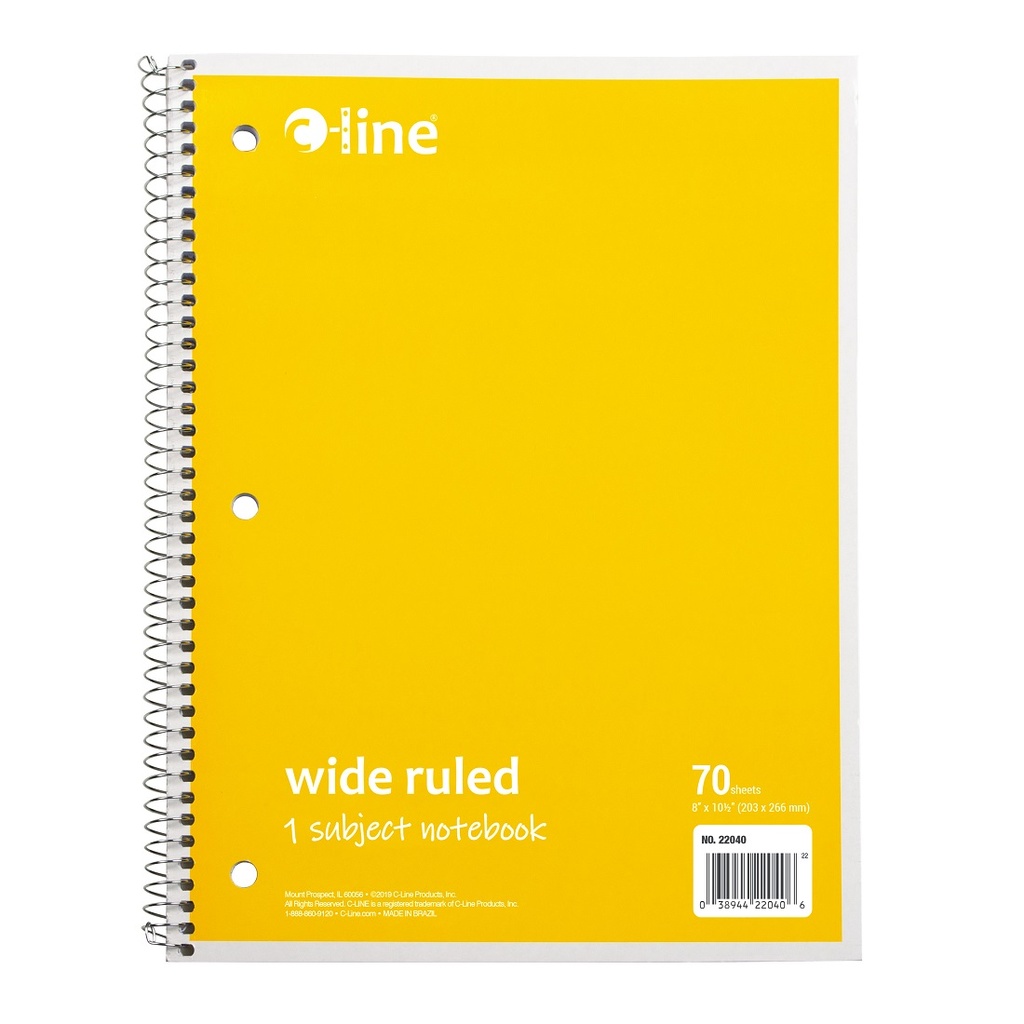 1‑Subject Notebook, Wide Ruled, Yellow, 70 Sheets