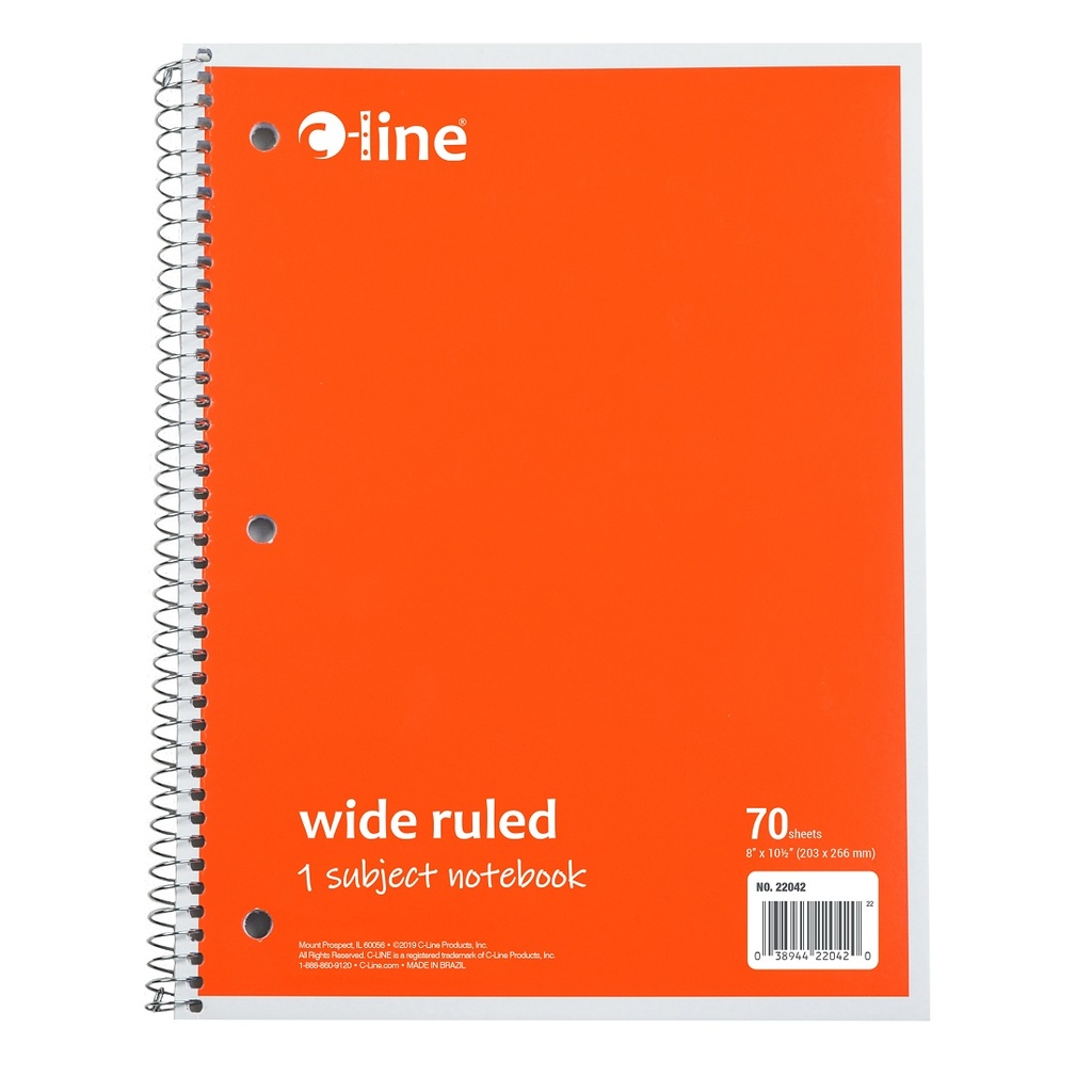 1‑Subject Notebook, Wide Ruled, Orange, 70 Sheets