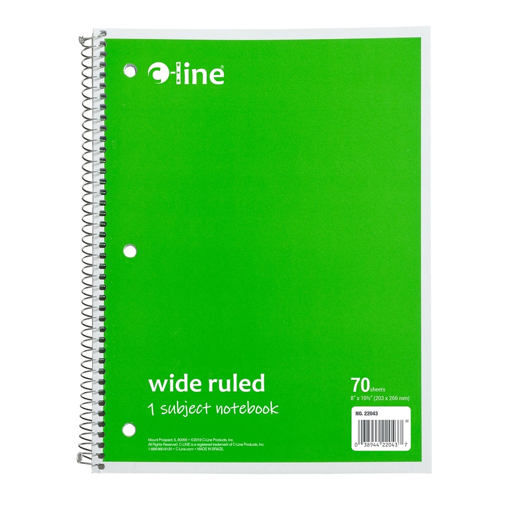 1‑Subject Notebook, Wide Ruled, Green, 70 Sheets