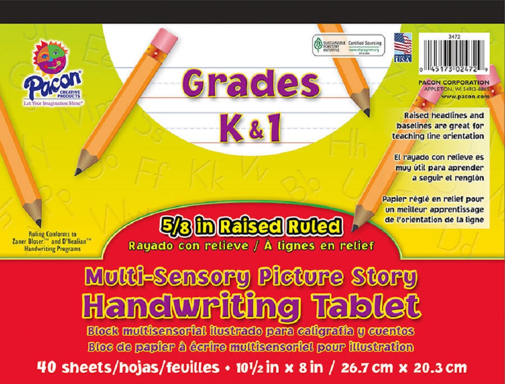 Pacon® Multi‑Sensory Raised Ruled Tablet, Picture Story, 10½"×8" — Tactile handwriting plus picture story space