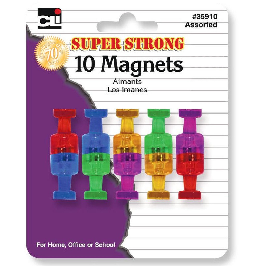 Charles Leonard® Super Strong Push‑Pin Magnets, Assorted Colors, 10/Pack