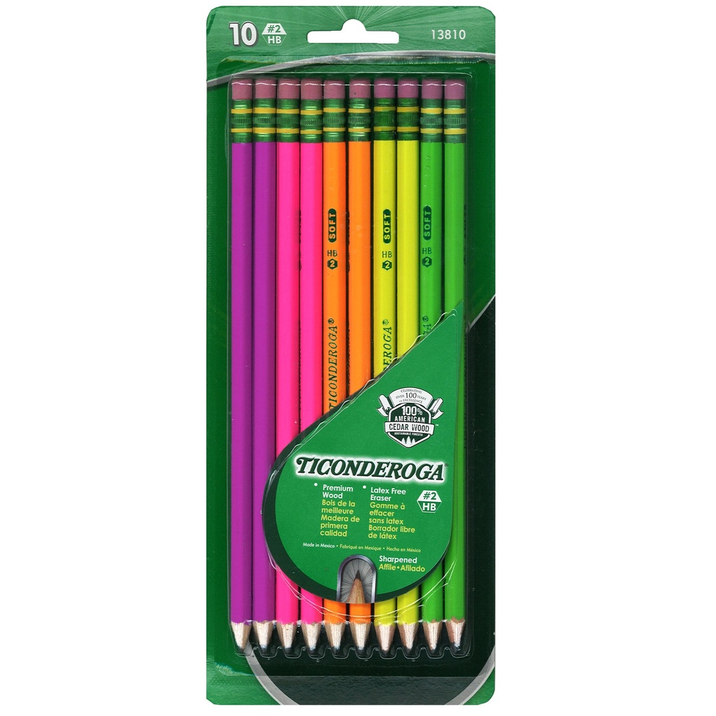Ticonderoga® Neon Wood‑Cased Pencils, Pre‑Sharpened, 7-1/2" length, 10 Count 