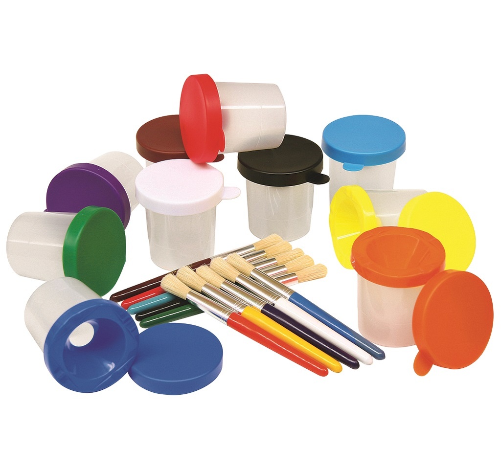 Creativity Street® No Spill Paint Cup Set,3" dia. cups; 3-3/8" lids; 7-1/4" brushes, 20-piece set 
